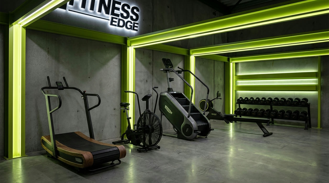 Fileira de equipamentos profissionais de academia em showroom