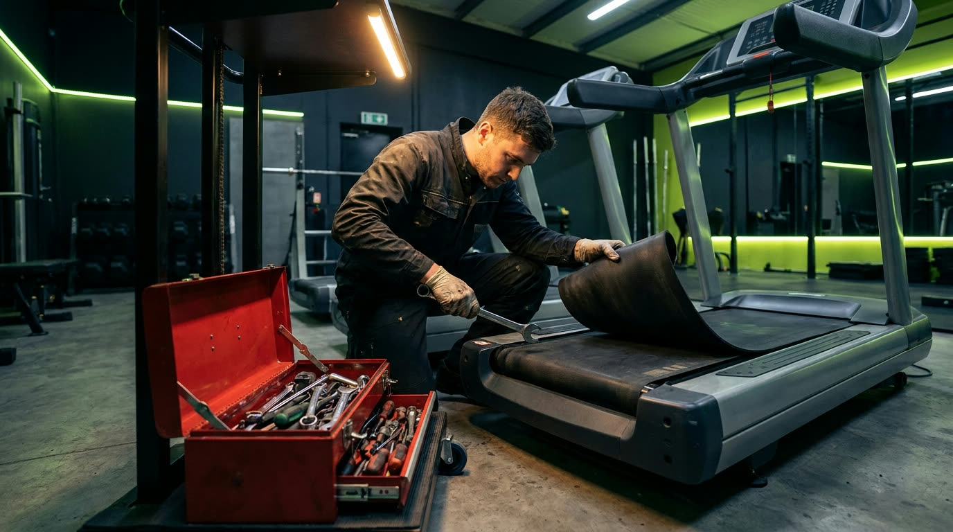 Painel elétrico e equipamentos de cardio em academia iluminada